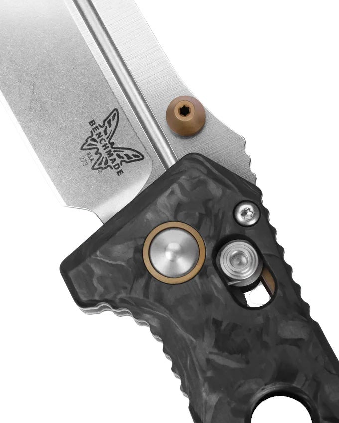 Benchmade 273-03 Mini Adamas foldekniv med MagnaCut drop point-blad i stonewash og skæfte i Marbled Carbon Fiber med FDE-detaljer