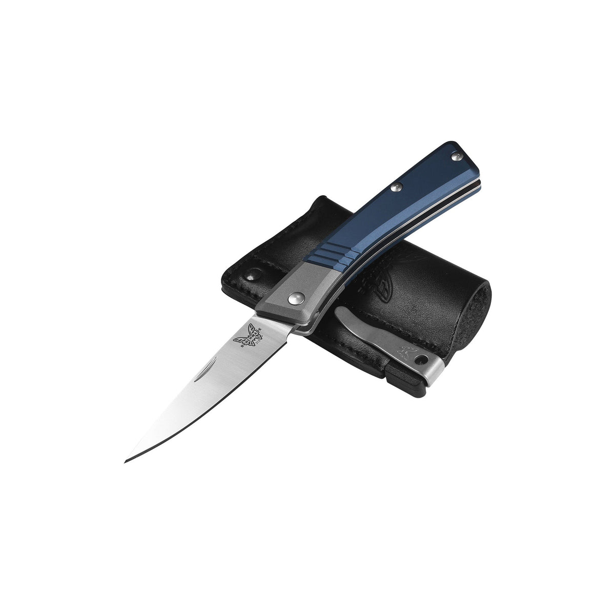 Benchmade 315 Successor slip-joint-lommekniv med M390 drop point-blad i satin og skæfte i Crater Blue aluminium med Ash Gray-bolstere