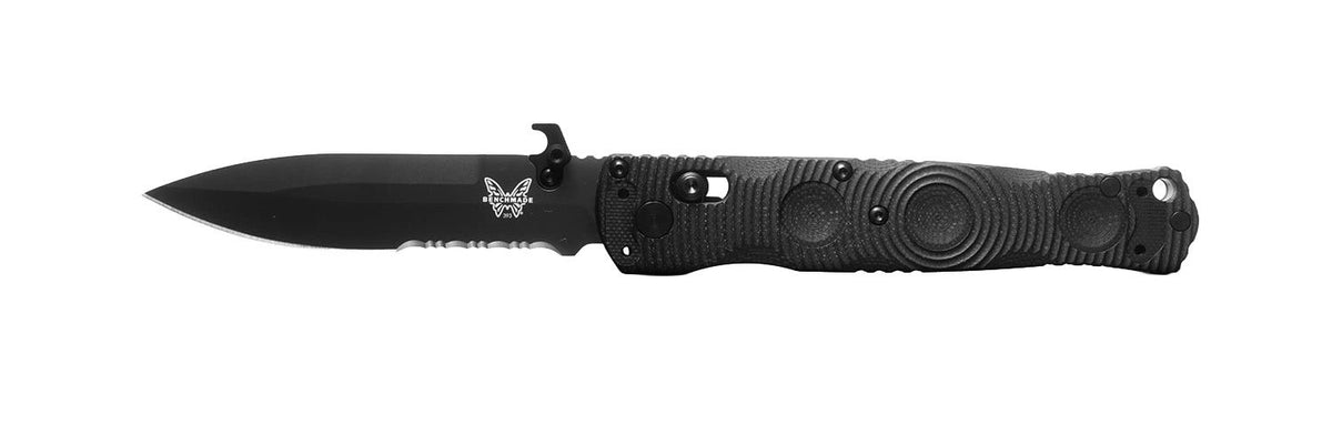 Benchmade 393SBK Mini SOCP Folder sort taktisk foldekniv med CPM-S30V spear-point blad i Graphite Black Cerakote og G10-skæfte