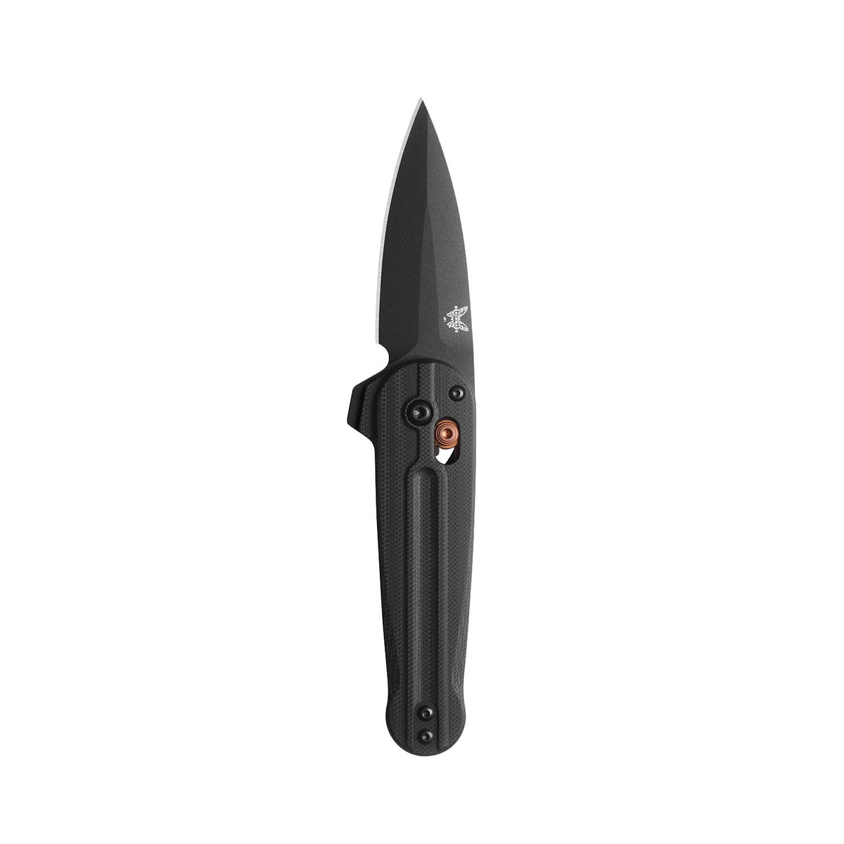 Benchmade 491BK-02 Lowden helsort foldekniv med CPM-S90V spear-point blad, sort G10-skæfte og Burnt Copper-detaljer