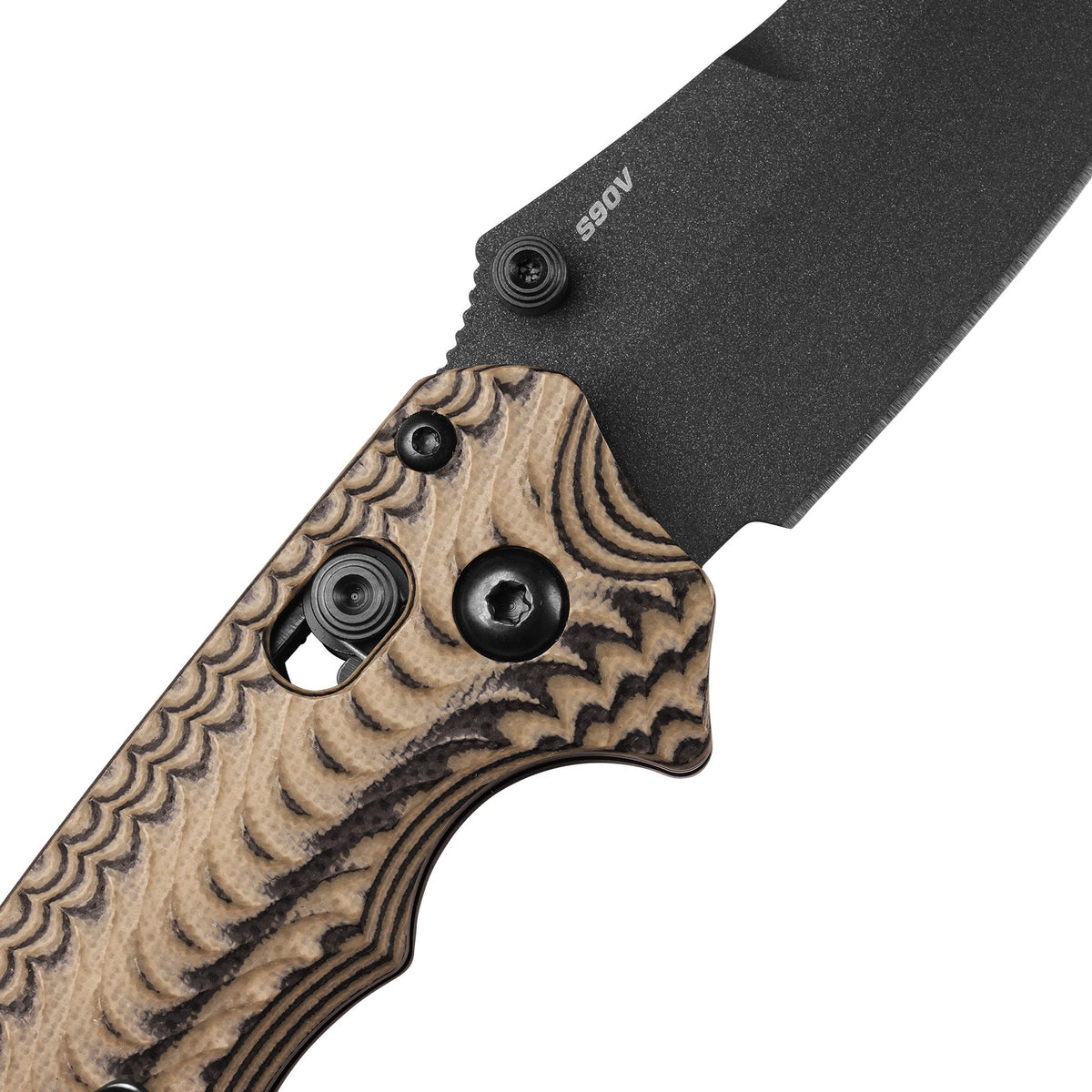 Benchmade 865BK-01 Mini Bedlam foldekniv med sort Cerakote CPM-S90V scimitar-blad og lagdelt G10-skæfte i sort, coyote og OD Green