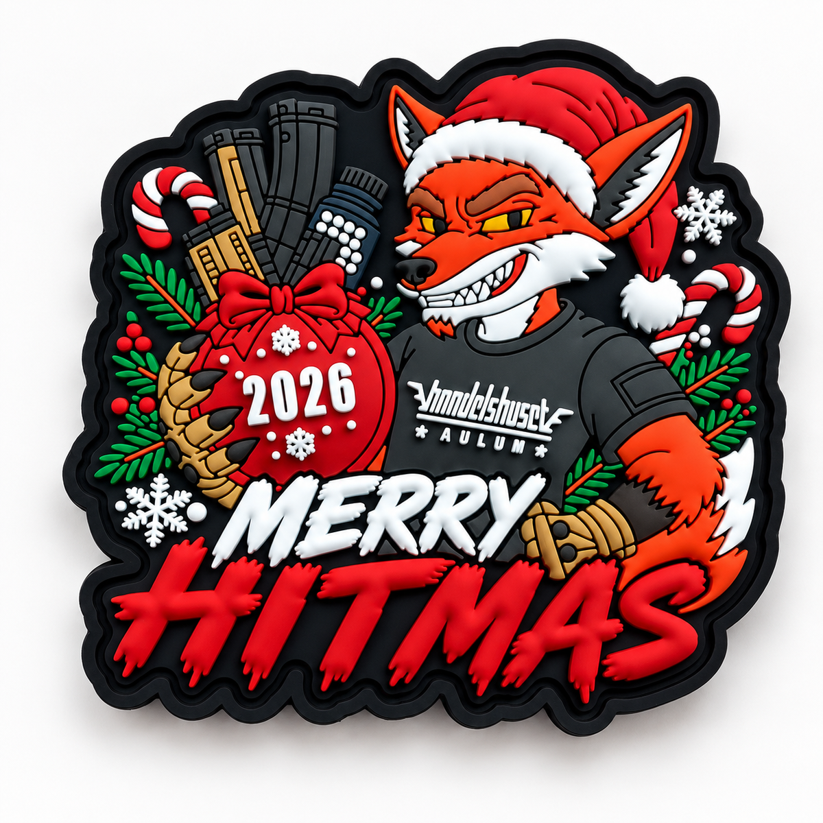 Merry Hitmas 2026 PVC patch fra Hank Tactical på hvid baggrund