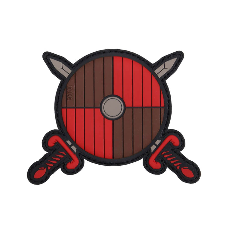 Patch 3D PVC, Viking shield with 2 swords, Red/Brown