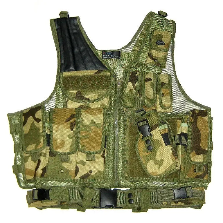 Taktisk vest i woodland camouflage, fuldt sæt, one-size