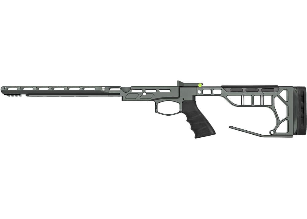 Saber Tactical FX DRS chassis i grå aluminium med Arca-Swiss-forskaft